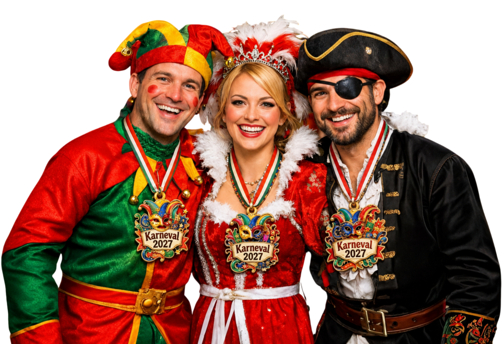Drei Karnevalisten mit Karnevalsorden 2027