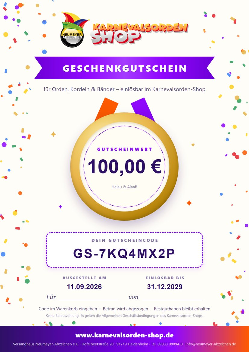 Geschenkgutschein von Karnevalsorden-Shop